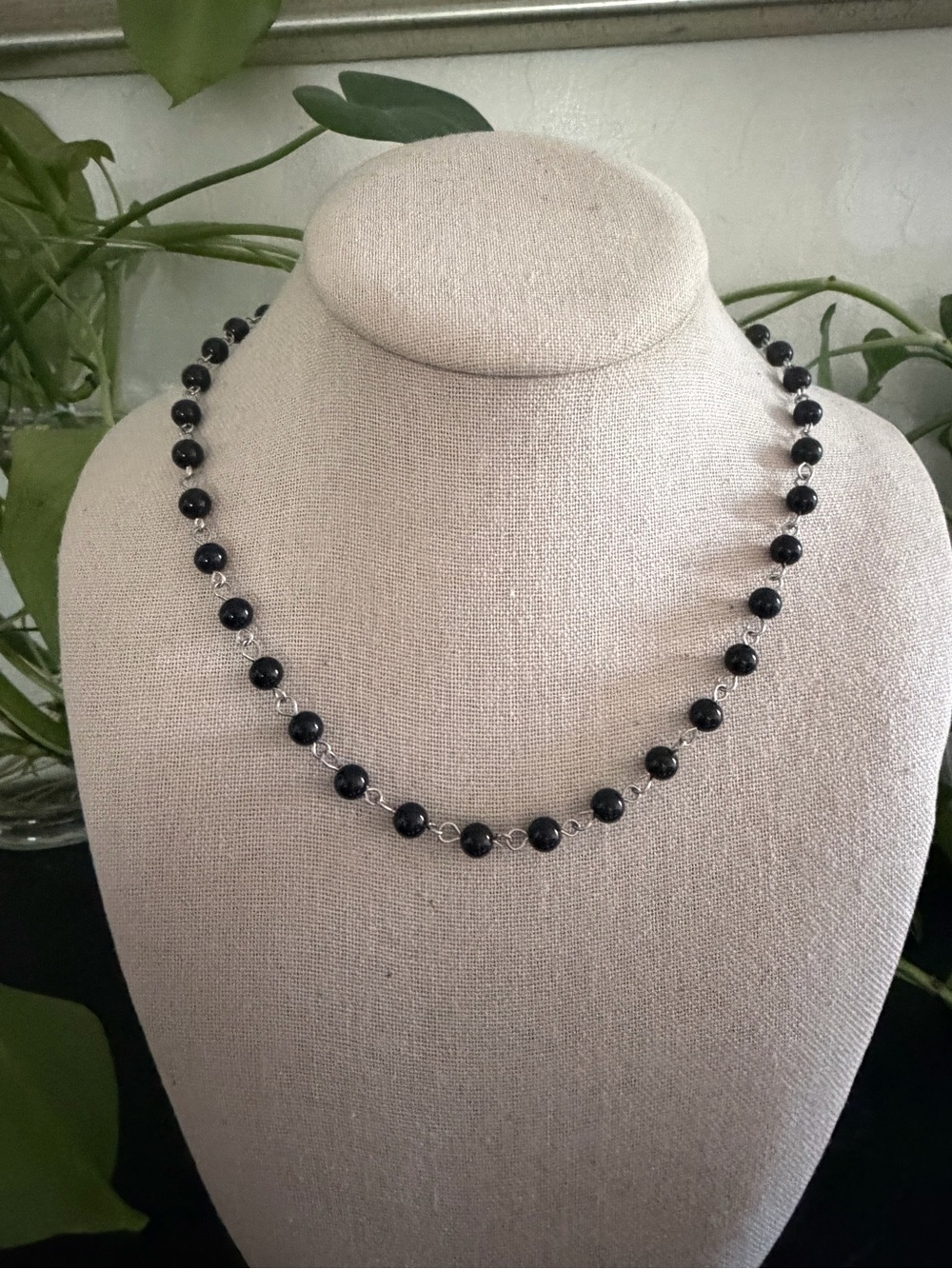 Vintage Black Glass Rosary Style Bead Dainty Beaded Necklace
